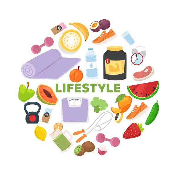 Αθλητικός και υγιεινός τρόπος ζωής με fitness, vegeterian διατροφή και με κλίμακες βάρους, αθλητική φθορά και εικονογράφηση φορέα τροφίμων. — Διανυσματικό Αρχείο
