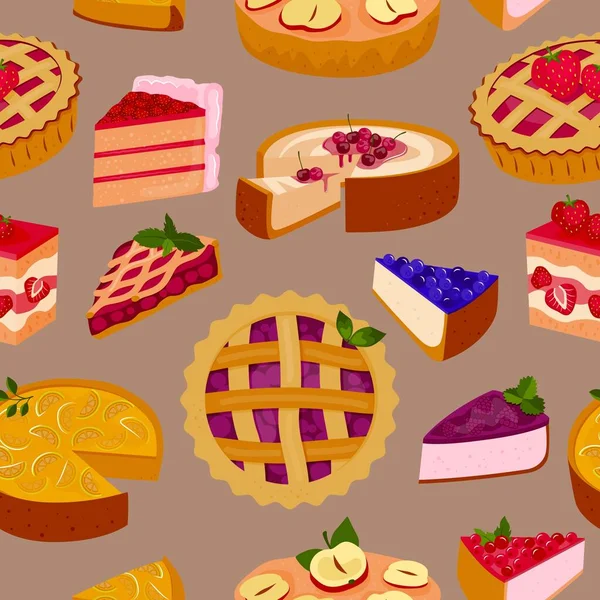 Édes sütemények és piték szeletek zökkenőmentes minta rajzfilm vektor illusztráció. — Stock Vector
