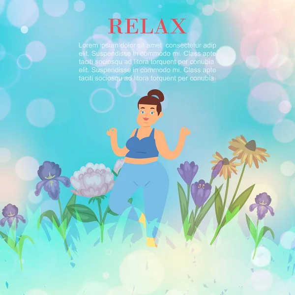 Yoga relax gorda ejercitando yoga sobre la naturaleza entre flores en verano naturaleza al aire libre vector ilustración . — Archivo Imágenes Vectoriales