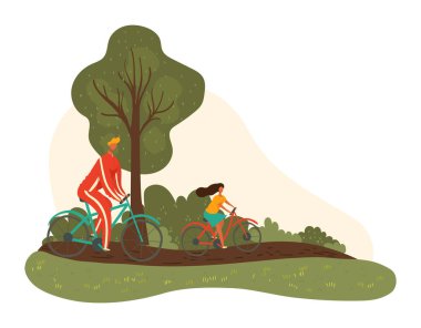 Mutlu baba ve kızı yazın parkta bisiklet sürerken baba ve kız izole edilmiş vektör çizimi..