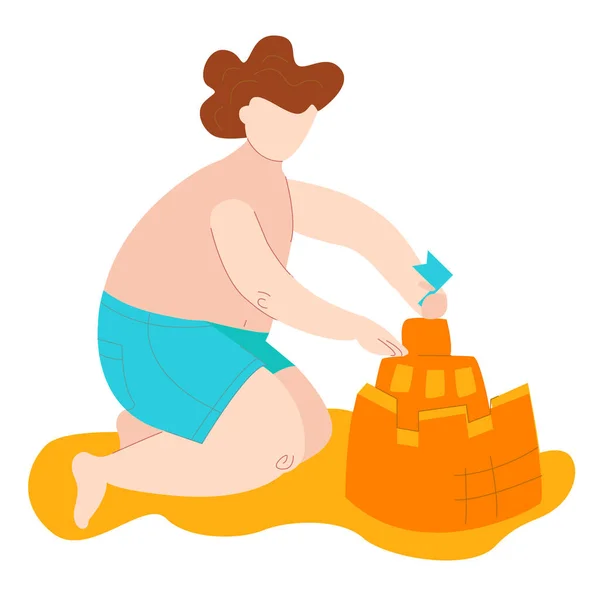 Tělo pozitivní tuk dítě v plavkách na moři staví hrad z písku, plus velikost kavkazské chid izolované na bílém ploché vektorové ilustrace. — Stockový vektor