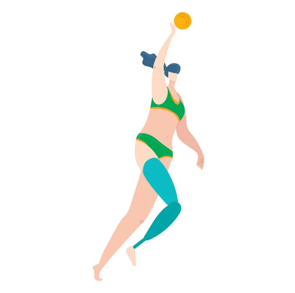 Cuerpo positivo mujer discapacitada en trajes de baño, prótesis de pierna inválida en la playa de mar jugando pelota, verano chica estilo de vida activo aislado en blanco plana vector ilustración . — Vector de stock