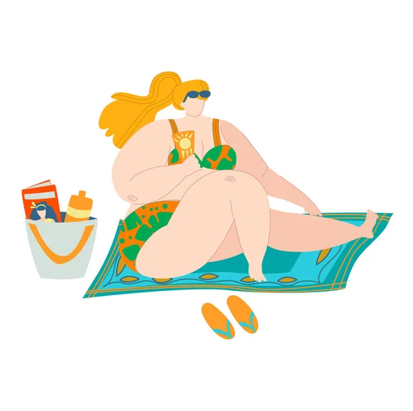 Cuerpo positivo playa mujer en trajes de baño, mar verano más tamaño grasa señora caucásica come frutas aisladas en blanco plana vector ilustración . — Vector de stock