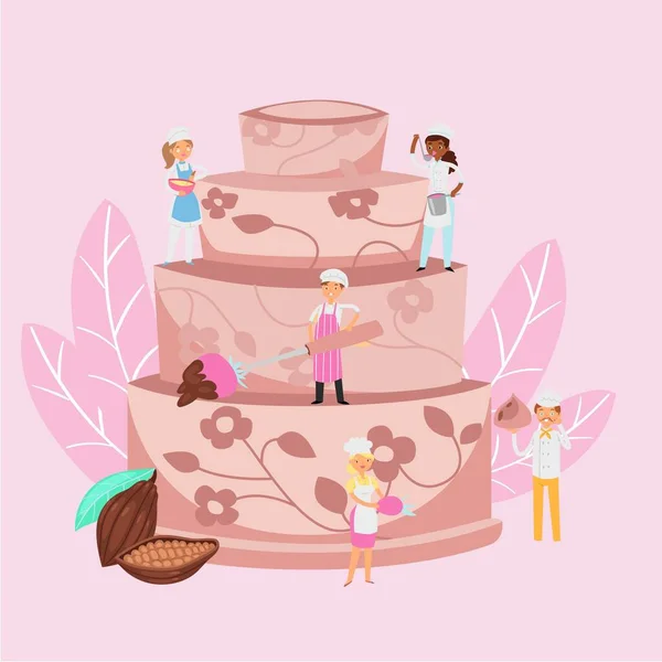 Кулінарний торт з шоколадним кремом і мікро-людьми плити з кондитерськими інструментами солодкий десерт мультфільм Векторна ілюзія . — стоковий вектор