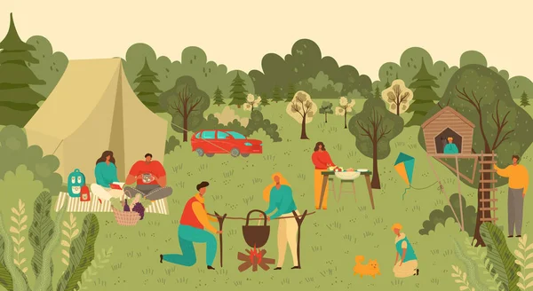 Familia y personas en el parque al aire libre picnic, madre, padre, niños con comida y jugar en la hierba del campo en la naturaleza de verano ilustración vector de dibujos animados . — Archivo Imágenes Vectoriales