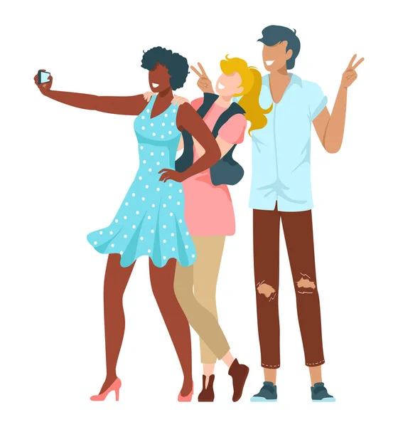 Amigos juntos, jovens tomando selfie no telefone para instagram ou ilustração vetor de mídia social isolado em branco . — Vetor de Stock