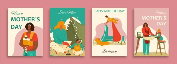 Feliz día de las madres pancartas conjunto con la mamá y el bebé niño, hija, hijo ilustración vector de dibujos animados, concepto de maternidad en casa . — Vector de stock