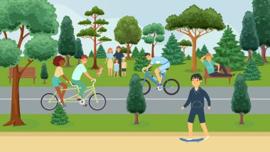 İnsanlar yaz parkında dinleniyor, mutlu aileler için açık hava aktiviteleri erkek, kadın ve çocuk çizgi film vektör çizimleri.