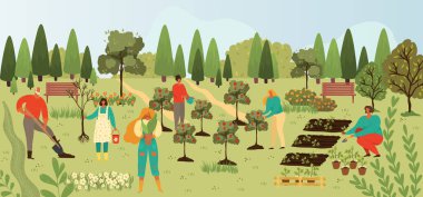 Plants and people gardening, harvesting fruits on trees plantation in summer cartoon vector illusrtration of greenery plantation. clipart