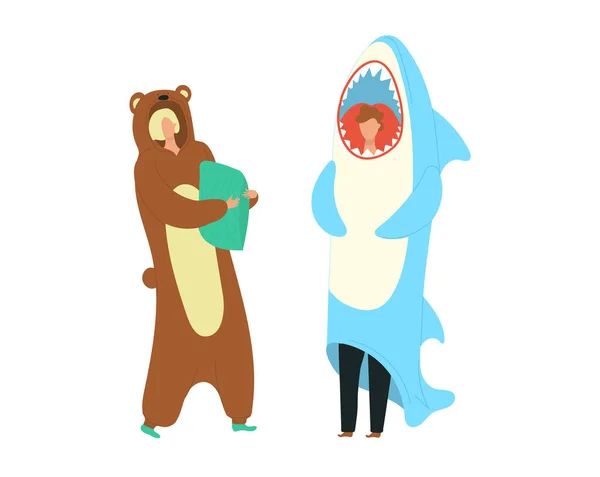 Partykostymer människor klädda i onesies representerar björn och haj tecken platt tecknad vektor illustration. — Stock vektor