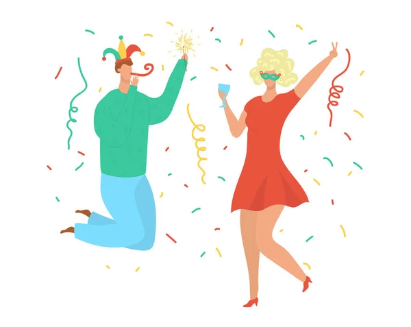 Fiesta gente danza, cumpleaños celebración, joven hombre y mujer en payaso sombrero y peluca baile disco música vector ilustración . — Vector de stock