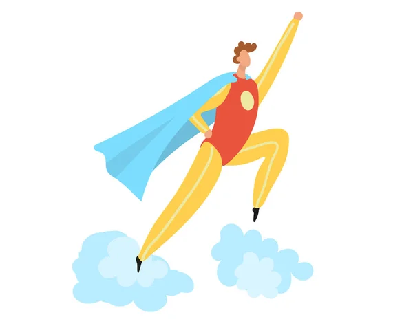Супергеройський костюм плоский мультфільм Векторні ілюстрації ізольовані на білому, супергеройський чоловічий персонаж стрибає на хмарах . — стоковий вектор