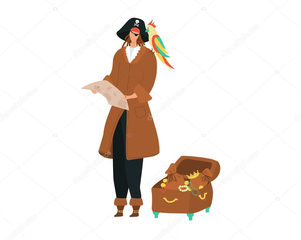Pirate with map and treasure chest of gold with a parrot perched on shoulder, costume cartoon vector illustration iolated on white.