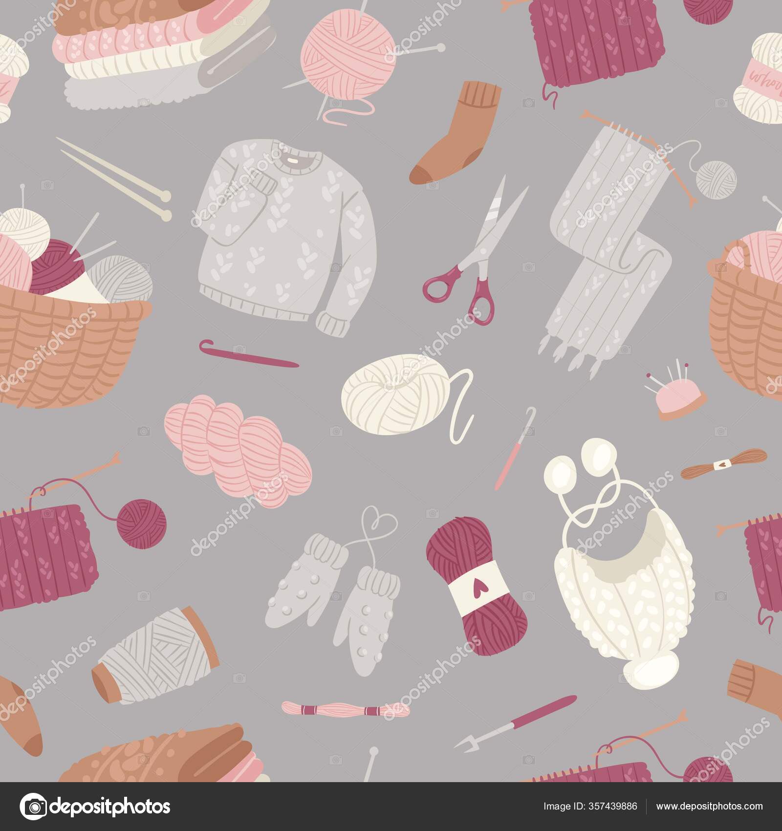 Knitting And Knitwear Seamless Pattern With Threads Knitted Scarf Cap Sweater Yarn Balls And Basket Of Wool Cartoon Vector Illustration Stock Vector Image By C Vectorshow 357439886