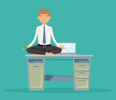 İşadamı, ofiste yoga nilüferini, finansal işi ve rahatlama çizgi film vektör illüstrasyonunu meditasyon yapıyor..