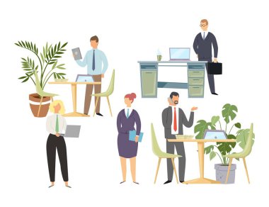 Akıllı telefonlu iş adamları, ofis çizgi filminde dizüstü bilgisayarlar vektör çizimi.