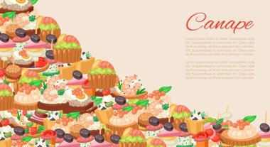 Kanepe, tabakta tapas, havyarlı aperatif tabağı, zeytin ve yeşil sebze çizgi film çizimi..