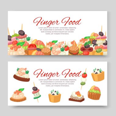 Kanepe, tabakta tapas, meze, havyarlı parmak yiyeceği, zeytin ve yeşil sebze pankartları vektör çizimi.
