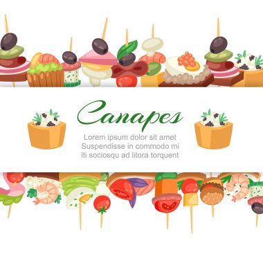 Kanepe, tabakta tapas, meze, havyarlı parmak yemeği, zeytin ve yeşil sebzeli karikatür illüstrasyonlu harf illüstrasyonlu karikatür..