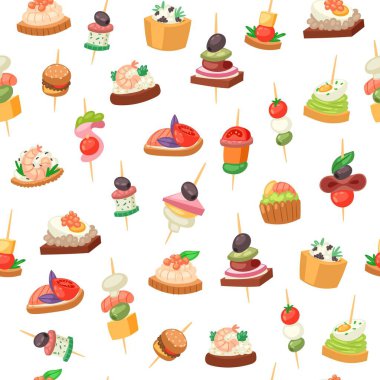 Kanepeler, bir parça ekmek üzerinde tapas, havyarlı aperatif tabağı, zeytin ve yeşil sebzeler, kusursuz desenli vektör çizimi..