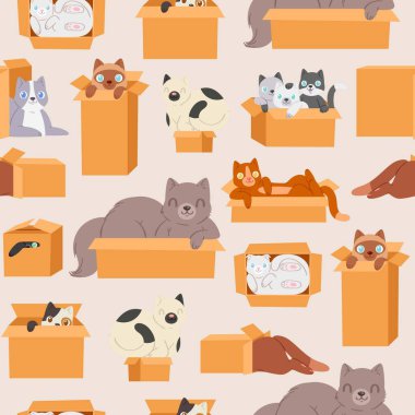 Karton taşıma kutularındaki kediler karikatürsüz desenli vektör çizimi.