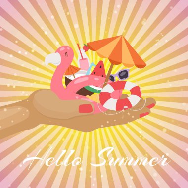 Şemsiyeli, karpuzlu, yüzen flamingolu ve tatil elemanları illüstrasyonlu yaz plajı posteri..