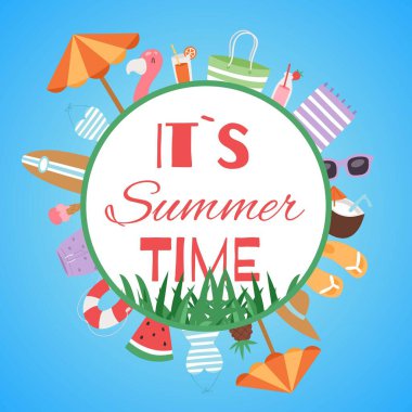 Şemsiyeli yaz zamanı kumsalı, karpuz, yüzme flamingosu, sörf tahtası ve tatil elemanları illüstrasyonu..