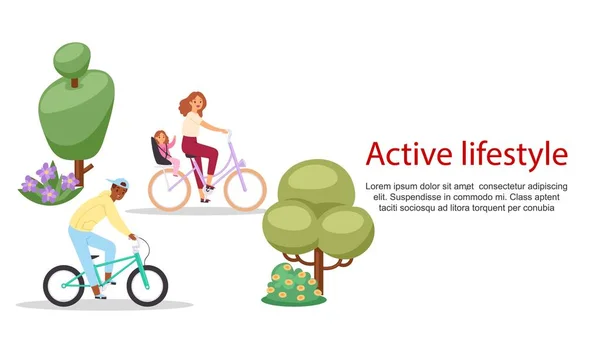 Ενεργός τρόπος ζωής άνθρωποι ιππασία σε ποδήλατο διανυσματική απεικόνιση. — Διανυσματικό Αρχείο