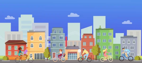 Actieve mensen rijden op de fiets in de stad met stadsgezicht vector illustratie. — Stockvector