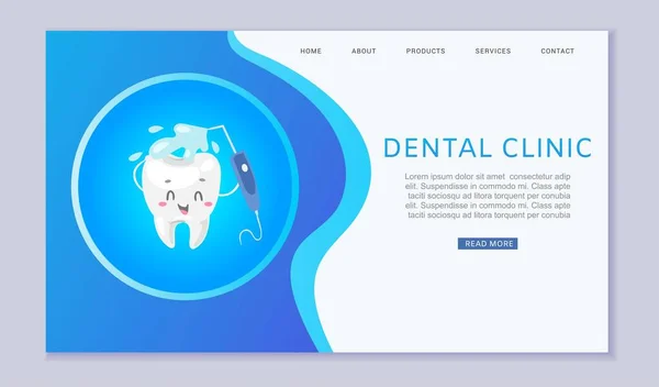 Zahnklinik Web-Vorlage mit niedlichen gesunden Waschzahn mit Zahngesundheit Werkzeug Cartoon-Vektor-Illustration für Kinder Zahnarzt Kabinett. — Stockvektor