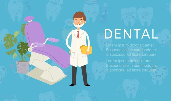 Dental doctor, stomatology cabinet for dental health care chair and stomatologist man cartoon vector illustration for dentist cabinet. — Stock Vector