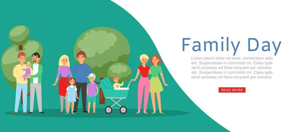 Journée de la famille avec père de famille traditionnel mère fille, fils et couples homosexuels avec bébé vecteur illustration . — Image vectorielle