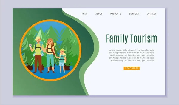 Familie vakantie toerisme, vader, moeder en zoon toeristen wandelaars reizen trekking met rugzakken in bos cartoon website vector illustratie. — Stockvector