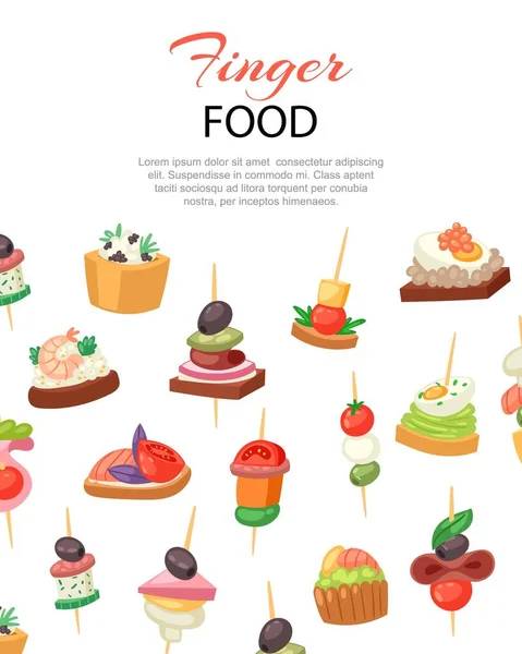 Canapes, tapas on plate, appetizer, finger food met kaviaar, olijven en groene groenten cartoon banner met typografie tekst vector illustratie. — Stockvector