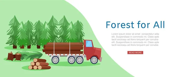 Foresta per tutti, banner ecologico con taglio legno e banner web del fumetto del camion, illustrazione vettoriale . — Vettoriale Stock