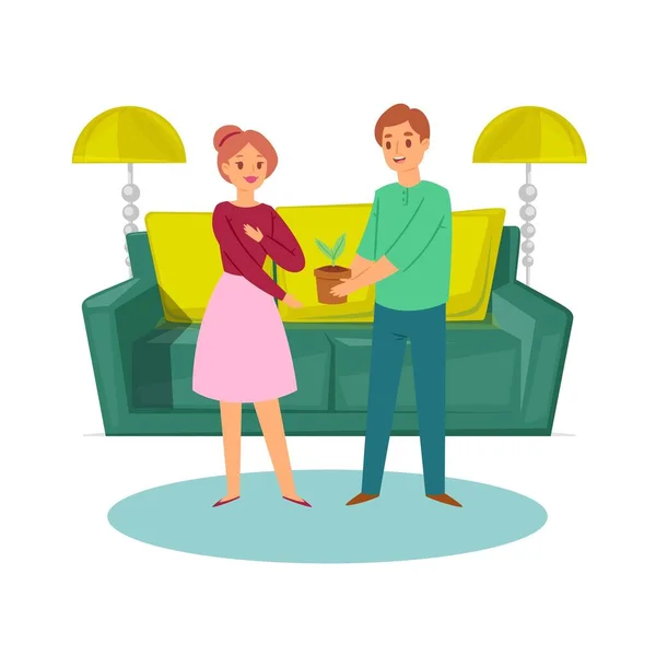 Happy famille jeune couple avec plante et canapé personnages de dessins animés à la maison illustration vectorielle . — Image vectorielle