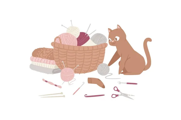 Tricô e gatinho com fios, cachecol de malha, boné, suéter, bolas de fios e cesta de ilustração de vetor de desenhos animados de lã . — Vetor de Stock