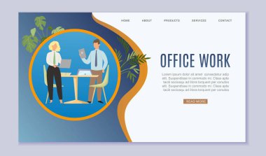 Ofis işleri ve iş yeri web şablonu yoğun çalışan işçiler ve modern rahat ofis vektör ilüstrasyonunda dizüstü bilgisayarı olan bayan patronla birlikte..