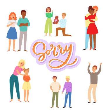Sorry and apologizing, exuse me cartoon characters of adults and children vector illustration. clipart