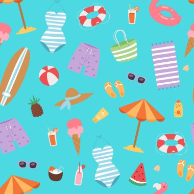 Şemsiyesi, kakaosu ve dondurması, yüzen flamingosu, sörf tahtası ve tatil elemanları illüstrasyonuyla kusursuz yaz plajı deseni..