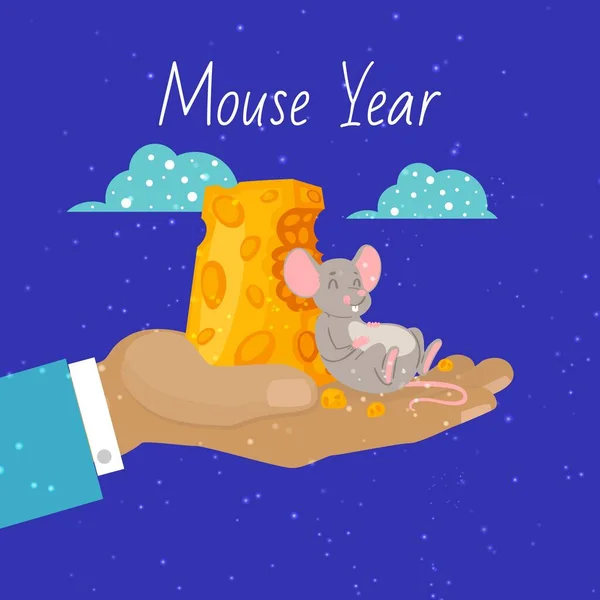 Rato 2020 símbolo ano e pedaços de queijo vetor desenho animado ilustração do mouse felizmente mordiscando em pedaço de queijo . — Vetor de Stock