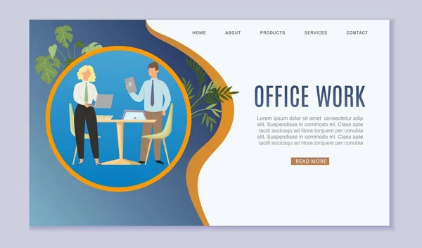 Trabalho de escritório e modelo de web local de trabalho de negócios com trabalhador ocupado e senhora chefe com laptop em moderna ilustração vetor de escritório confortável . — Vetor de Stock
