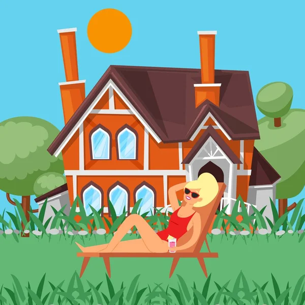 Relaks dzień kobieta biorąc słońce kąpiel na świeżym powietrzu wypoczynek w domu letniskowym kreskówka wektor ilustracja. — Wektor stockowy