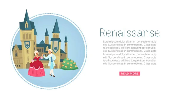 Vêtements Renaissance femme homme caractère en perruques et robe médiévale historique vêtements et château web bannière vectorielle illustration . — Image vectorielle