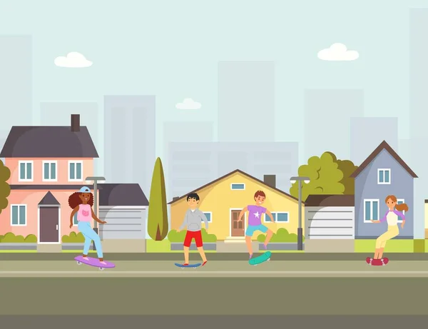 Дитячі ковзанярі в міському містечку хлопчики та дівчатка катаються на скейтборді мультфільм Векторні ілюстрації . — стоковий вектор
