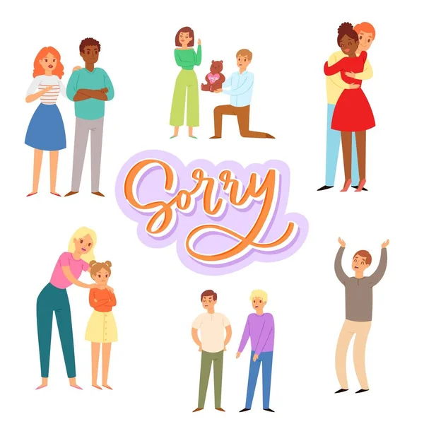 Sorry and apologizing, exuse me cartoon characters of adults and children vector illustration. — Stock Vector