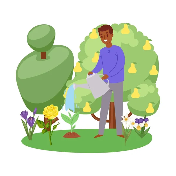 Jardín de primavera y verano con jardinero regar árboles en flor, hierba y flores ilustración vector de dibujos animados . — Archivo Imágenes Vectoriales