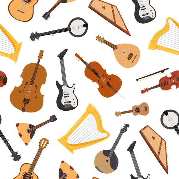 Sträng musikinstrument med strängar, bluegrass mandolin, banjo och luta, gitarr sömlös mönster vektor illustration. — Stock vektor