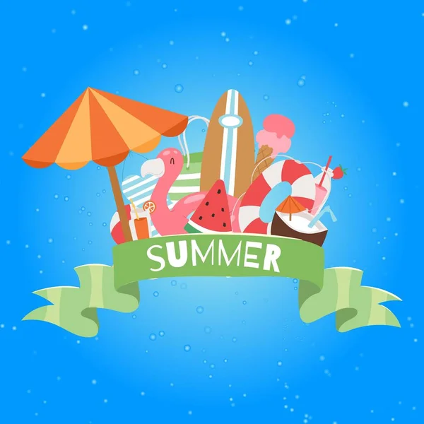 Sommer-Strandbanner mit Sonnenschirm, Kokos und Eis, schwimmendem Flamingo, Surfbrett und Urlaubselementen Vektorillustration. — Stockvektor