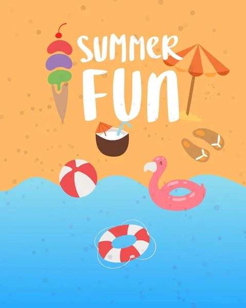 Plaisir d'été sur la bannière de plage de mer avec sable de l'océan, parasol, natation flamant rose, éléments de vacances illustration vectorielle . — Image vectorielle